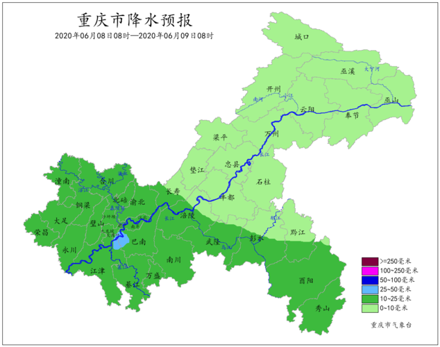 图3 6月8日08时–9日08时重庆市降水预报图6月6–8日主城区天气预报